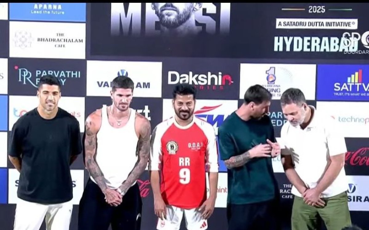 GOAT Tour: Messi appears at Uppal Stadium in Hyderabad, seen waving to the crowd in broadcast visual
