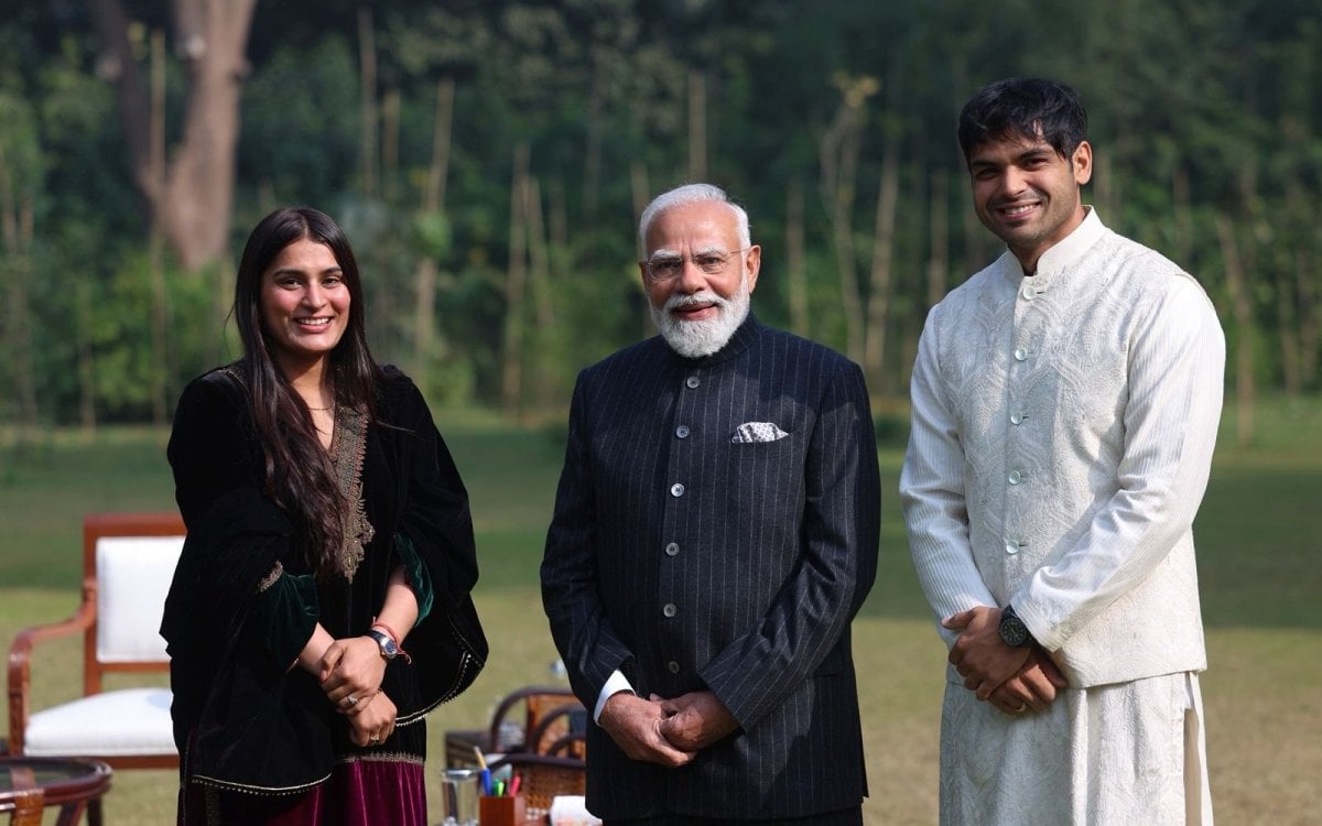 PM Modi hosts javelin ace Neeraj Chopra, wife Himani, at his residence