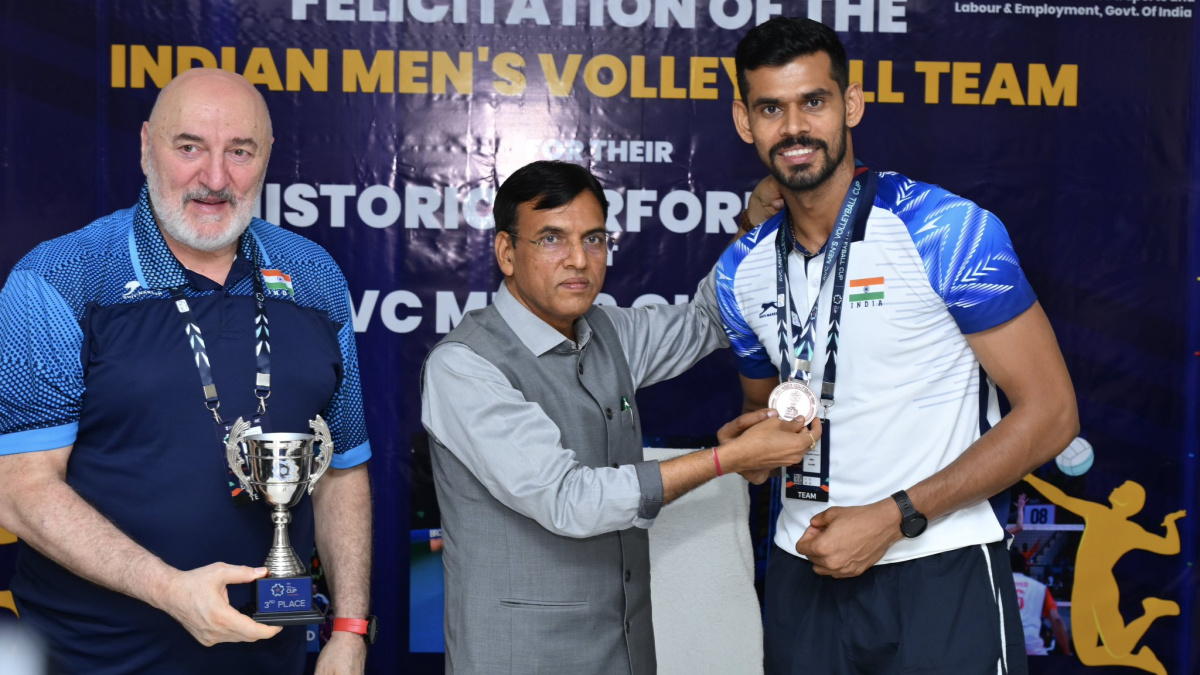 Sports Min Mandaviya felicitates Team India after historic Men’s Volleyball Cup bronze